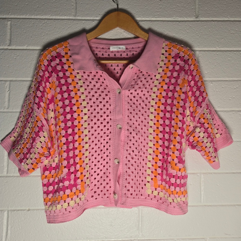 Vestique Womens Crochet Shirt Camp Monochromatic M/L Short Sleeve Resort Bright